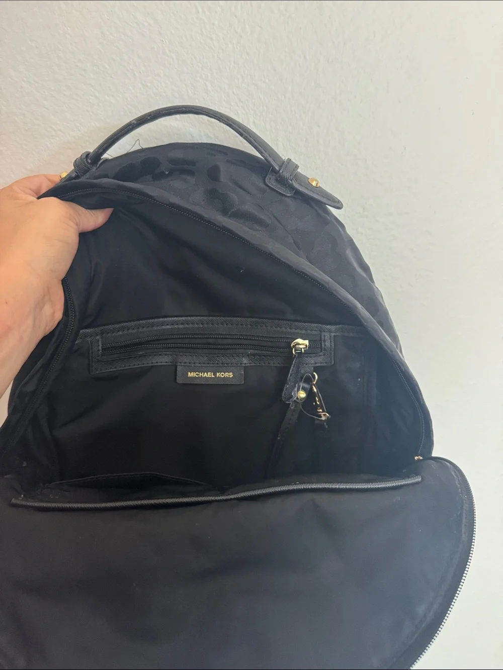 Michael Kors Black Leopard-Print Nylon Backpack with Gold Hardware